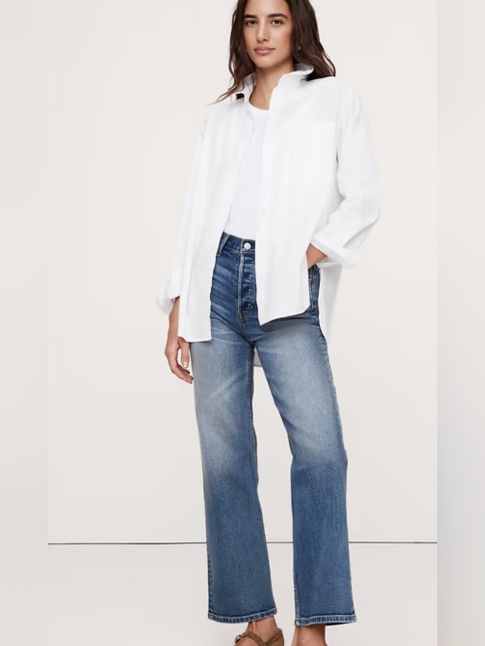 Banana Republic Women White Relaxed Button-Down Long Sleeve Cotton Poplin Shirt